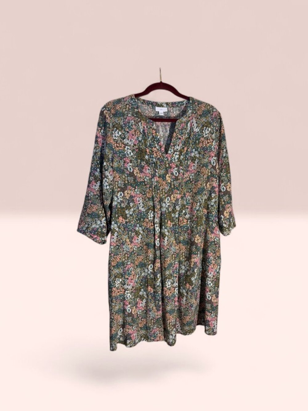 J Jill Floral Split Neck Ditzy Floral Green, Yellow, & Pink Dress Sz L